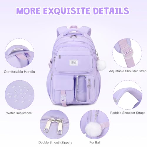 ACESAK Backpack for Girls - Girls Backpack with Lunch Bag & Pencil Pouch for Teen Kids Laptop Backpack for Women, Elementary Middle High School Bookbag Travel Daypack (Purple) - color: Purple