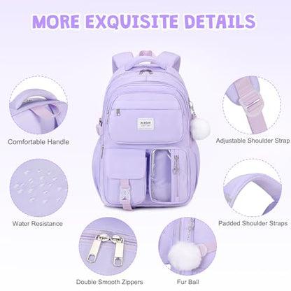 ACESAK Backpack for Girls - Girls Backpack with Lunch Bag & Pencil Pouch for Teen Kids Laptop Backpack for Women, Elementary Middle High School Bookbag Travel Daypack (Purple) - color: Purple