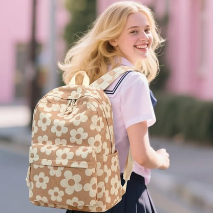 Bluboon School Backpack Set Girls Womens Laptop Bookbag Casual Daypack Fits 15 inch Laptop with Lunch Tote Bag and Pencil Bag - color: Beige Flower Brown Base