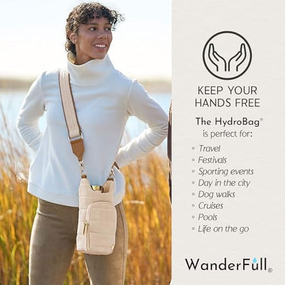 WanderFull® Original HydroBag®, Fits Up to 32 oz Water Bottle Holder with Strap, Gift for Women, Hands-Free Crossbody, Water Bottle Carrier Bag with Phone Pocket - color: Oatmeal Canvas