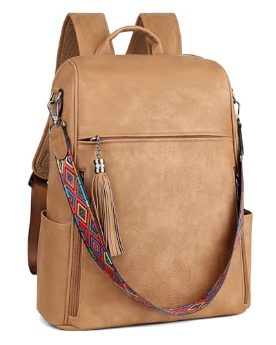 FADEON Leather Laptop Backpack for Women Designer 15.6 inch PU Laptop Bag, Ladies Travel Computer Work Backpack Camel Brown - color: Retro Camel Brown Style