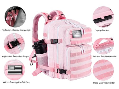LHI Tactical Military Backpack for Men and Women 25L/35L Army Assault Pack Bag Small Rucksack with Bottle Holder - color: 35l-light Pink, size: Medium