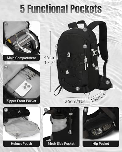 Small Cycling Backpack with Helmet Holder for Men Women, 15L Waterptoof Lightweight Hiking Backpack with Chest Strap & Waist Pocket for MTB Biking, Black
