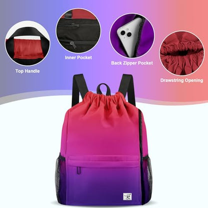 Drawstring Backpack with Mesh Pockets String Gym Bag Sackpack Sandproof Water Resistant Beach Backpack for Men Women - color: Gradient Purple