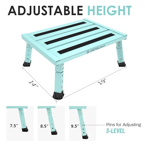 Adjustable Height Aluminum RV Step, Stable Foldable Platform Step Stool, Supports Up to 1,000 lb, Non-Slip Rubber Feet and Platform Mat, Easy to Carry (Green) - color: Green