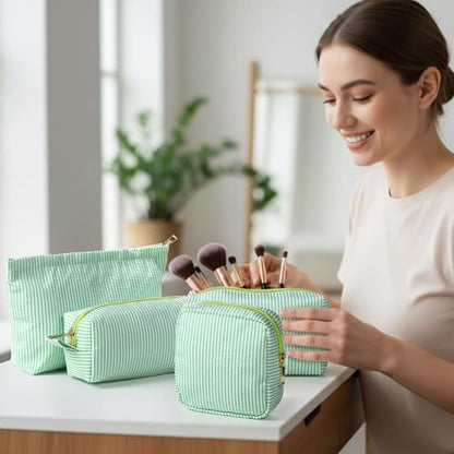 Sanwuta 4 Pcs Seersucker Pouch Cosmetic Bag Set Seersucker Makeup Bag Women Stripe Large Travel Toiletry Organizer Aesthetic Preppy Storage for Embroidery Women Bridesmaid Gifts(Green) - color: Green