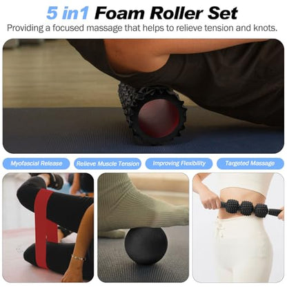 JOYENERGY 5 in 1 Foam Roller Set Trigger Point Foam Roller, Massage Roller Stick, Massage Ball, Stretching Strap for Deep Muscle Massage Pilates Yoga, Fitness Exercise for Whole Body (Black Diamond) - color: Black Diamond