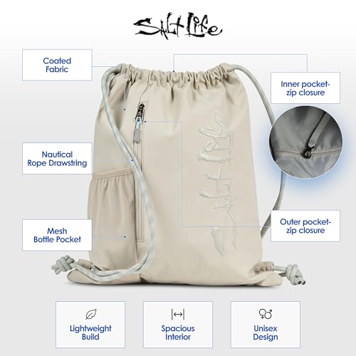 Salt Life Drawstring Backpack for Men and Women - Small Draw String Cinch Gym Bag with Water Bottle Pocket and Zipper Pocket - color: Beige