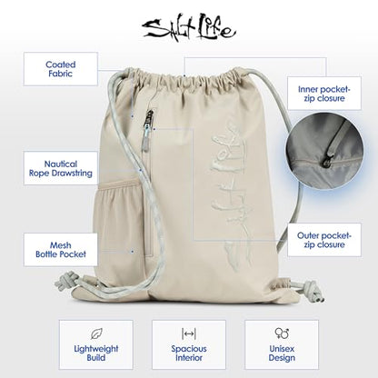 Salt Life Drawstring Backpack for Men and Women - Small Draw String Cinch Gym Bag with Water Bottle Pocket and Zipper Pocket - color: Beige