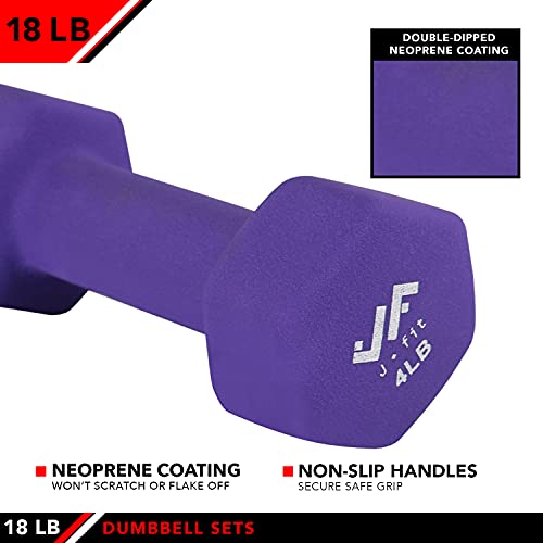 JFIT Dumbbell Pairs or Sets – Neoprene & Vinyl Coated Hand Weights for Home Gym, Strength Training, Aerobics, Cardio Exercise and Fitness - size: 18 lbs (Set), style: Dumbbell Set with Rack