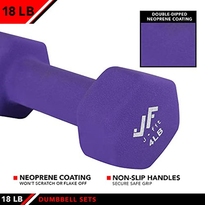 JFIT Dumbbell Pairs or Sets – Neoprene & Vinyl Coated Hand Weights for Home Gym, Strength Training, Aerobics, Cardio Exercise and Fitness - size: 18 lbs (Set), style: Dumbbell Set with Rack