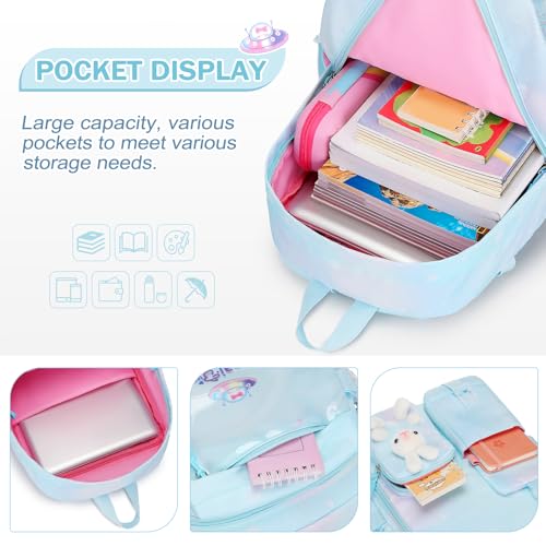 FIXITOK Girls Backpack Set, 3PCS Kids Backpack for Girls, Kawaii Bunny School Backpacks for Girl Kindergarten Elementary Preschool Middle School Bags with Lunch Box Pencil Case Dreamy-Aquamarine - color: Dreamy-aquamarine