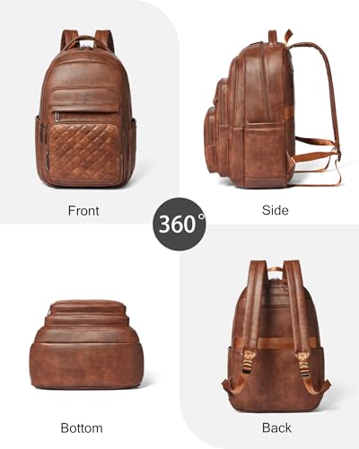 Bluome Work Backpack for Women Men, Laptop Vegan Leather Backpack Purse with 15.6–17 Inch Laptop, Multi-Pocket Bookbag for Office Travel Gym Weekend Overnight Bag, Brown - color: Brown