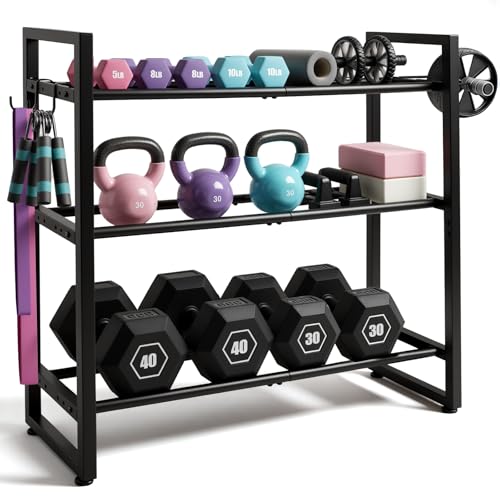 3 Tier Adjustable Dumbbell Rack, 31.5 Inch Length Dumbbell Weight Rack Stand for Home Gym Storage Organizer Dumbbells Kettlebell Up to 390 LB Capacity (Dumbbells Rack Stand Only) ﻿