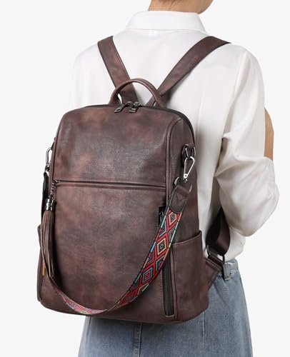 FADEON Leather Backpack Purse for Women Designer Travel Backpack Purses PU Fashion Ladies Shoulder Bag with Tassel - color: 1 Coffee Brown Retro Style