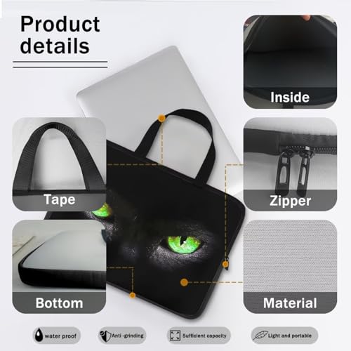 10 Inch Laptop Sleeve, Black Cat Green Eyes Laptop Cover Computer Bag Tablet Carrying Case with Handle, Funny Printed Notebook Case Handbag Briefcase Shoulder Bag for Office/School - color: Black Cat Green Eyes, size: 10 Inch