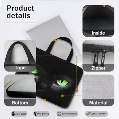 10 Inch Laptop Sleeve, Black Cat Green Eyes Laptop Cover Computer Bag Tablet Carrying Case with Handle, Funny Printed Notebook Case Handbag Briefcase Shoulder Bag for Office/School - color: Black Cat Green Eyes, size: 10 Inch