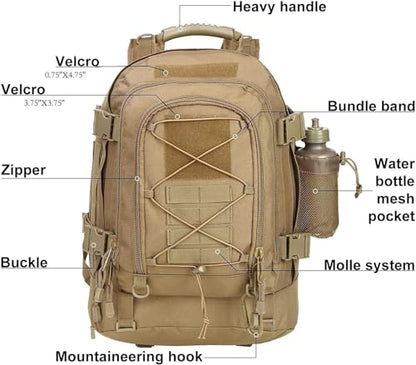 Expandable 40-64L Military Tactical Backpack 3 Day Bag Hiking Gym Sport Camping - color: Tan