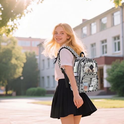 Clear Backpacks for Girls Women, Heavy Duty PVC Transparent Back Pack See Through Boys Kids Clear Bookbags for School - Checkered Black White - color: Checkered Black White