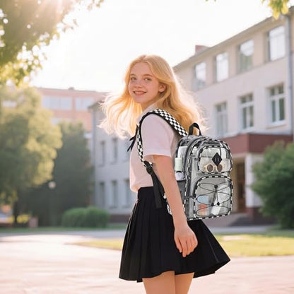 Clear Backpacks for Girls Women, Heavy Duty PVC Transparent Back Pack See Through Boys Kids Clear Bookbags for School - Checkered Black White - color: Checkered Black White