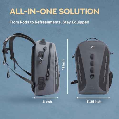 Xelfly Waterproof Fishing Backpack G2 with Rod Holder, Inflatable Air Valve, Padded Waist Straps & Gear Loops - Submersible Zipper, Rugged Top Handle, Adjustable Attachments (Gray) - color: Gray, size: G2 Backpack