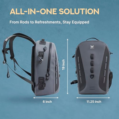 Xelfly Waterproof Fishing Backpack G2 with Rod Holder, Inflatable Air Valve, Padded Waist Straps & Gear Loops - Submersible Zipper, Rugged Top Handle, Adjustable Attachments (Gray) - color: Gray, size: G2 Backpack