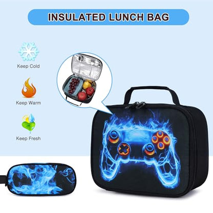 3PCS School Backpack for Boys, Cool Gamer Boys Backpack with Lunch Box and Pencil Case for Kids Kindergarten Teens Elementary Middle School Bag with Convenient Charging Port,Gaming Bookbag Waterproof - color: Blue Flame