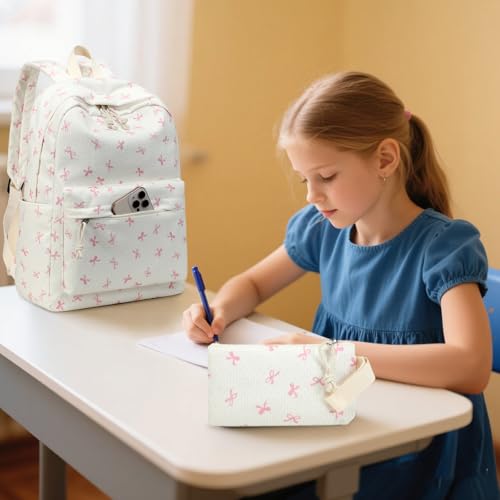 LEDAOU Kids Backpack for Girls Backpacks with Lunch Box, Lightweight Bookbag Set Elementary Middle School Back pack for 8-14 - color: Beige Bowknot
