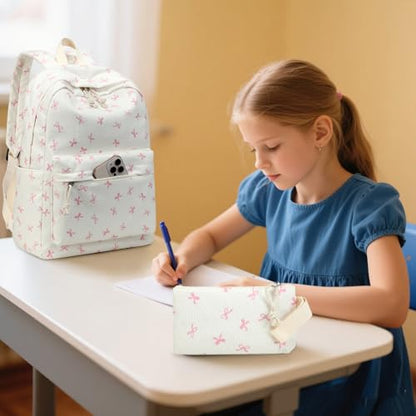 LEDAOU Kids Backpack for Girls Backpacks with Lunch Box, Lightweight Bookbag Set Elementary Middle School Back pack for 8-14 - color: Beige Bowknot