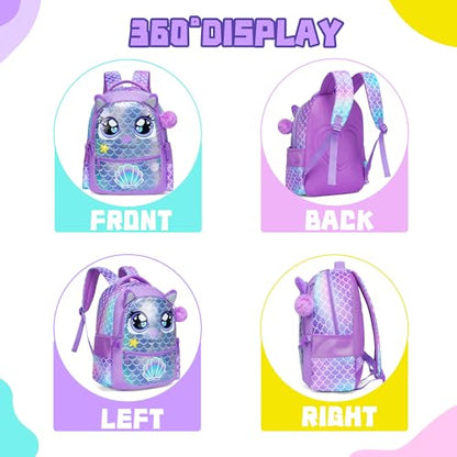 Backpacks for Girls School Bag Cute Girls Backpacks Ages 8-10 with Lunch Box Kids Bookbag Set Travel Backpack for Preschool Kindergarten Elementary Students Backpack to School Supplies - color: Mermaid