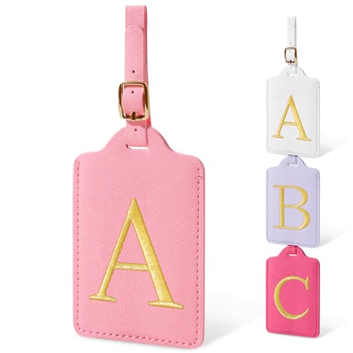 Initial Luggage Tags for Suitcases, Cute Embroidered Letter Luggage Bag Suitcase Identifier Name Baggage Tag, PU Leather Travel Luggage Tags, Bag Tags for Men Women Kids Luggage Handbags(Pink A) - color: Pink/Golden-letter, size: A
