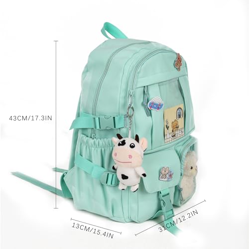 Kawaii Backpack with Cute Bear Plush Kawaii Pin Accessories Large Capacity Aesthetic School Bags Cute Bookbag for Girls Teen (Simple, Green) - color: Green
