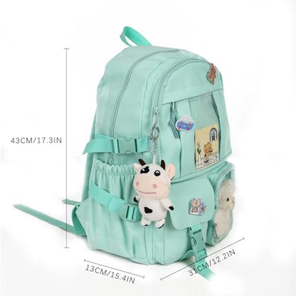 Kawaii Backpack with Cute Bear Plush Kawaii Pin Accessories Large Capacity Aesthetic School Bags Cute Bookbag for Girls Teen (Simple, Green) - color: Green