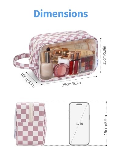 Narwey Clear Toiletry Bags for Traveling Women Men, Clear Travel Bags for Toiletries Makeup Bag Cosmetic Bag with Zipper, Make Up Organizer, Skincare Bag (Dusty Pink Checkerboard) - color: Y-Dusty Rose Checkerboard