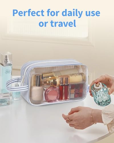 Narwey Clear Toiletry Bags for Traveling Women Men, Clear Travel Bags for Toiletries Makeup Bag Cosmetic Bag with Zipper, Make Up Organizer, Skincare Bag (Greyish Blue Stripe) - color: YB-Greyish Blue Stripe