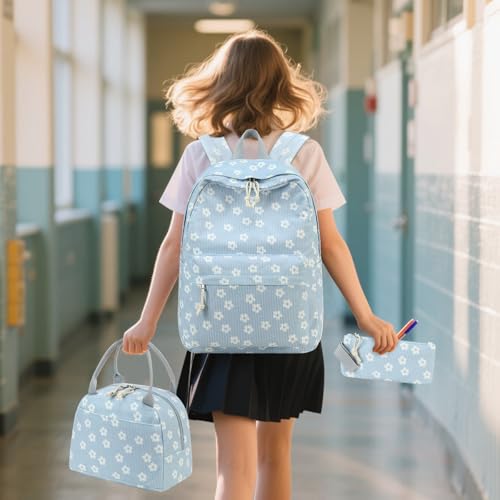 Bluboon School Backpack Set Girls Womens Laptop Bookbag Casual Daypack Fits 15 inch Laptop with Lunch Tote Bag and Pencil Bag - color: White Little Flower 95