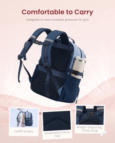 LOVEVOOK School Backpack for Teen Girls, Unique Style College Student Backpacks with Large Cup Holder, Cute Kid Bookbag with Pens Compartment, Large Capacity Back to School Backpack Fit 15.6'' Laptop - color: Navy Blue, size: Medium