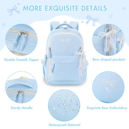 Kids Backpack for Girls - 3PCS Cute Embroidered Bow Girls Backpack with Insulated Lunch Bag & Pencil Case - Bookbag for Teen Women Middle High School College Work Travel Daypack - color: Blue Beige