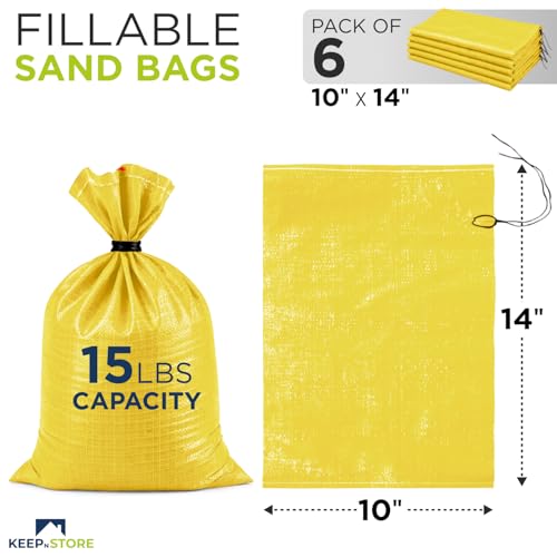 Heavy Duty Sand Bags Pack of 6, Bright Yellow Empty Sandbags with Built-In Ties, Woven Polypropylene UV Protection 1600 Hours, Fillable Bags for Flood Control, Weight, 10x14 inches, 15 Pounds Volume - size: 10"W x 14"L, style: Pack of 6