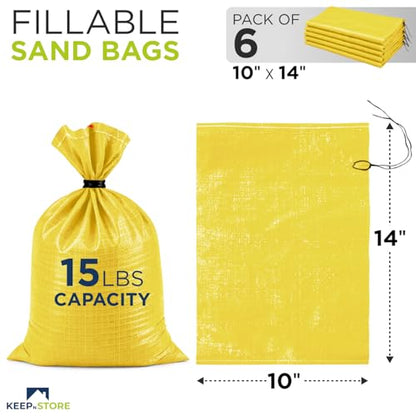 Heavy Duty Sand Bags Pack of 6, Bright Yellow Empty Sandbags with Built-In Ties, Woven Polypropylene UV Protection 1600 Hours, Fillable Bags for Flood Control, Weight, 10x14 inches, 15 Pounds Volume - size: 10"W x 14"L, style: Pack of 6