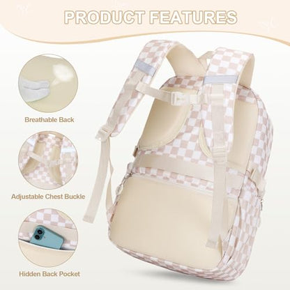 DIGOBAY 3PCS Girls Backpack for School, Kids Backpack for Girls with Lunch Bag Pencil Case, Kids Bookbag Teen Girl Backpacks for Elementary Middle High College School (Khaki Checkered) - color: Khaki Checkered