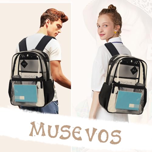 MUSEVOS Clear Backpack, Heavy Duty See Through Book Bag for Work, Security, Concerts, College Transparent PVC bookback Stadium Approved,Black(Semi-transparent) - color: Black