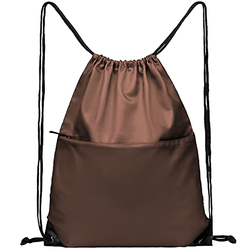 Drawstring Backpack Sports Water Resistant String Bag Sport Gym Sackpack for Women Men Students Large Size with Zipper, Brown - color: Brown