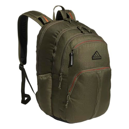 adidas Prime 7 Backpack for Laptop, School and Travel, 37L - color: Olive Strata Green/Impact Orange/2