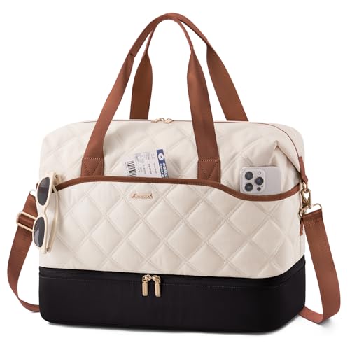 LOVEVOOK Travel Carry On Bag for Women, Lightweight Weekender Bags with Shoe Compartment, Wet Pocket, Hospital Overnight Bags for Women Labor Delivery, Personal Item Duffle Bag for Gym, Sport - color: White - Brown, size: 35L - Medium