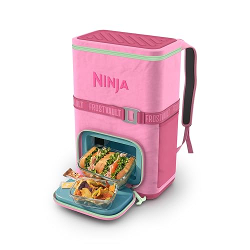 Ninja Backpack Cooler | FrostVault Go 24 Can Soft Cooler | Leakproof Zipper with Built in Can Opener, 2 Ice Packs & Dry Storage Drawer | for Hiking, Camping & More | Strawberry Rhubarb | FF124PK1 - color: Strawberry Rhubarb, size: 24 Can