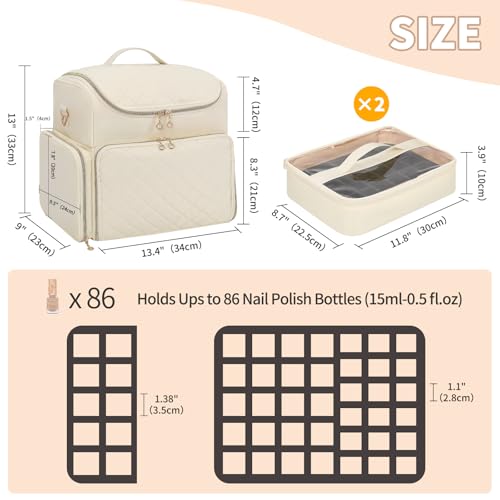 CUBETASTIC Extra Large Nail Polish Organizer Case Holds 86 to 100+ Bottles Nail Polish & Nail Lamp, Nail Supplies Storage Carrying Bag with 2 Removable Pouches - color: Beige