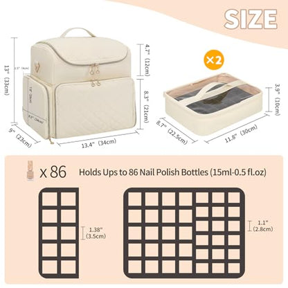 CUBETASTIC Extra Large Nail Polish Organizer Case Holds 86 to 100+ Bottles Nail Polish & Nail Lamp, Nail Supplies Storage Carrying Bag with 2 Removable Pouches - color: Beige