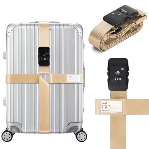 Luggage Straps TSA Approved with Combination Lock, Adjustable Suitcase Belts for 20"-32" Luggage, with Name ID Card for Identify, Travel Airport Accessories for Checked Bags (Cross Khaki) - color: Cross Khaki