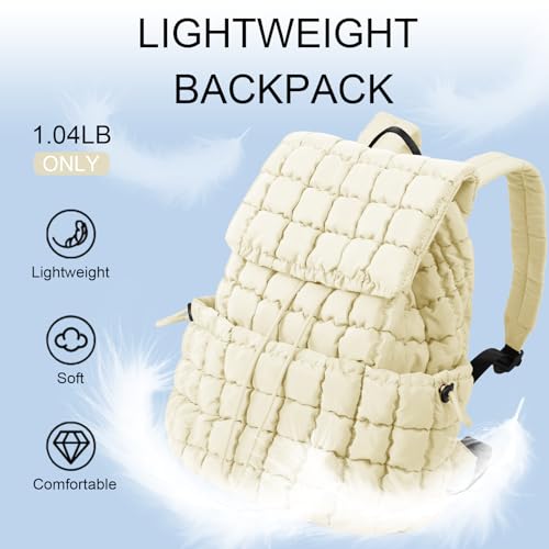 XSUIOY Quilted Backpack Purse for Women Small Lightweight Puffer Puffy College Laptop Backpack Nylon Casual Bookbag Daypack Top Flap Drawstring Padding Hiker Travel Gym Backpack(Beige) - color: Beige